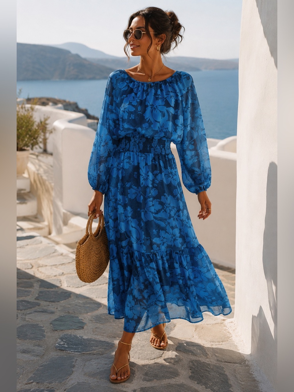 Joe Fresh Blue Floral Smocked-Waist Maxi Dress